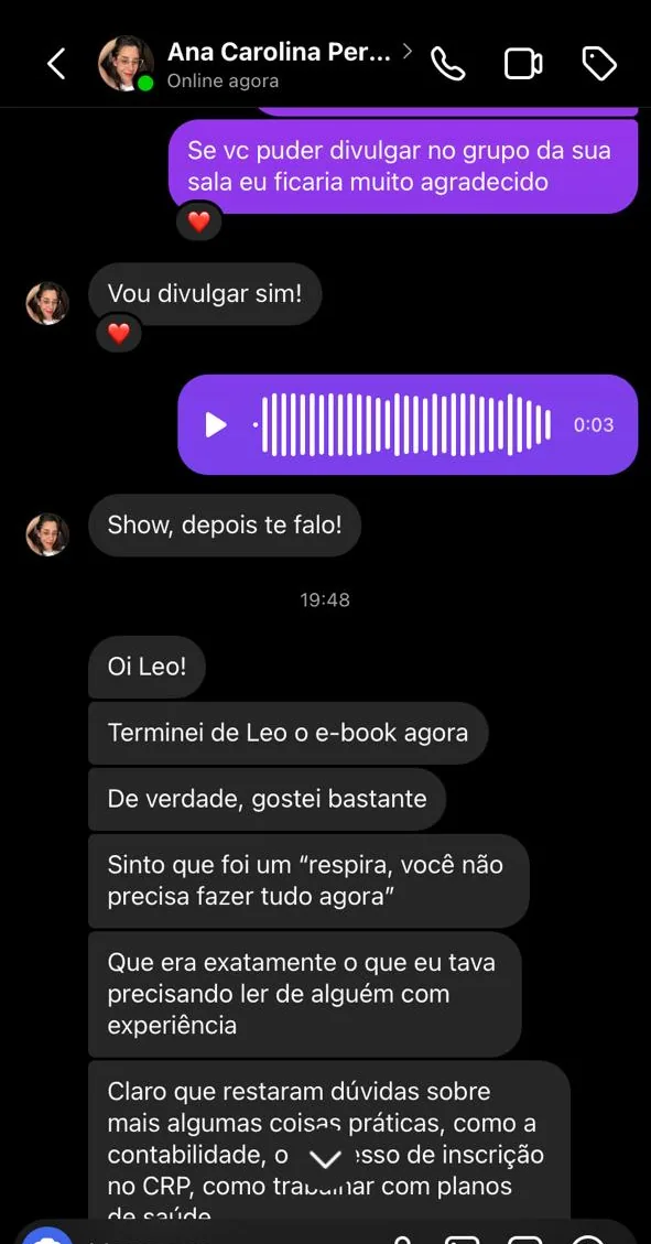 Mensagem de leitora sobre o e-book Antes da Primeira Sessão