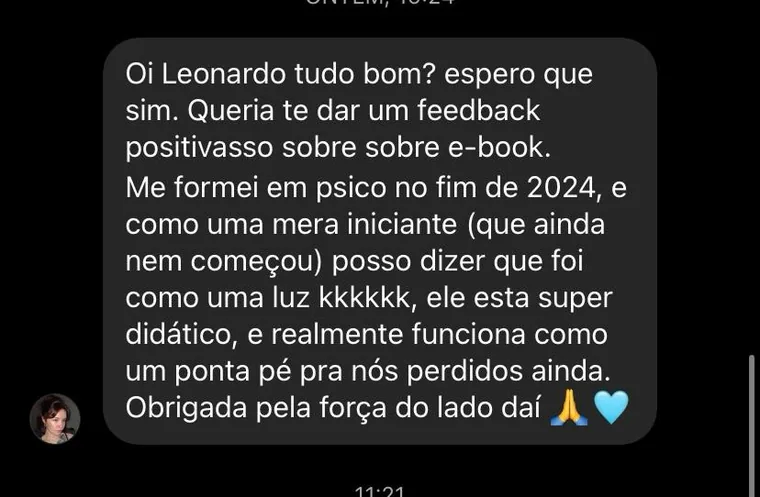 Mensagem de leitora sobre o e-book Antes da Primeira Sessão