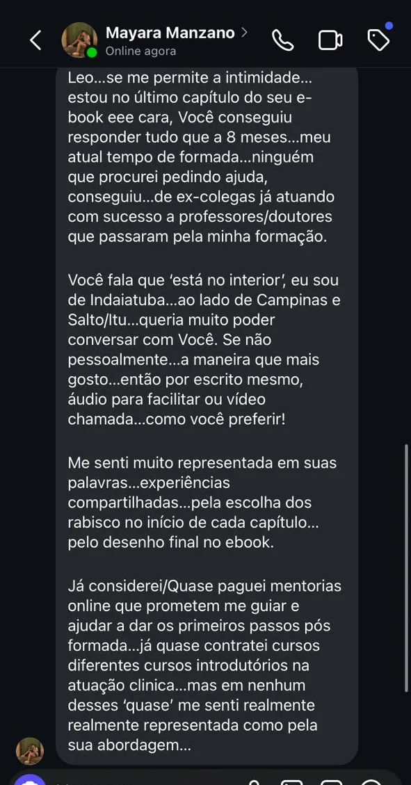 Mensagem de leitora sobre o e-book Antes da Primeira Sessão